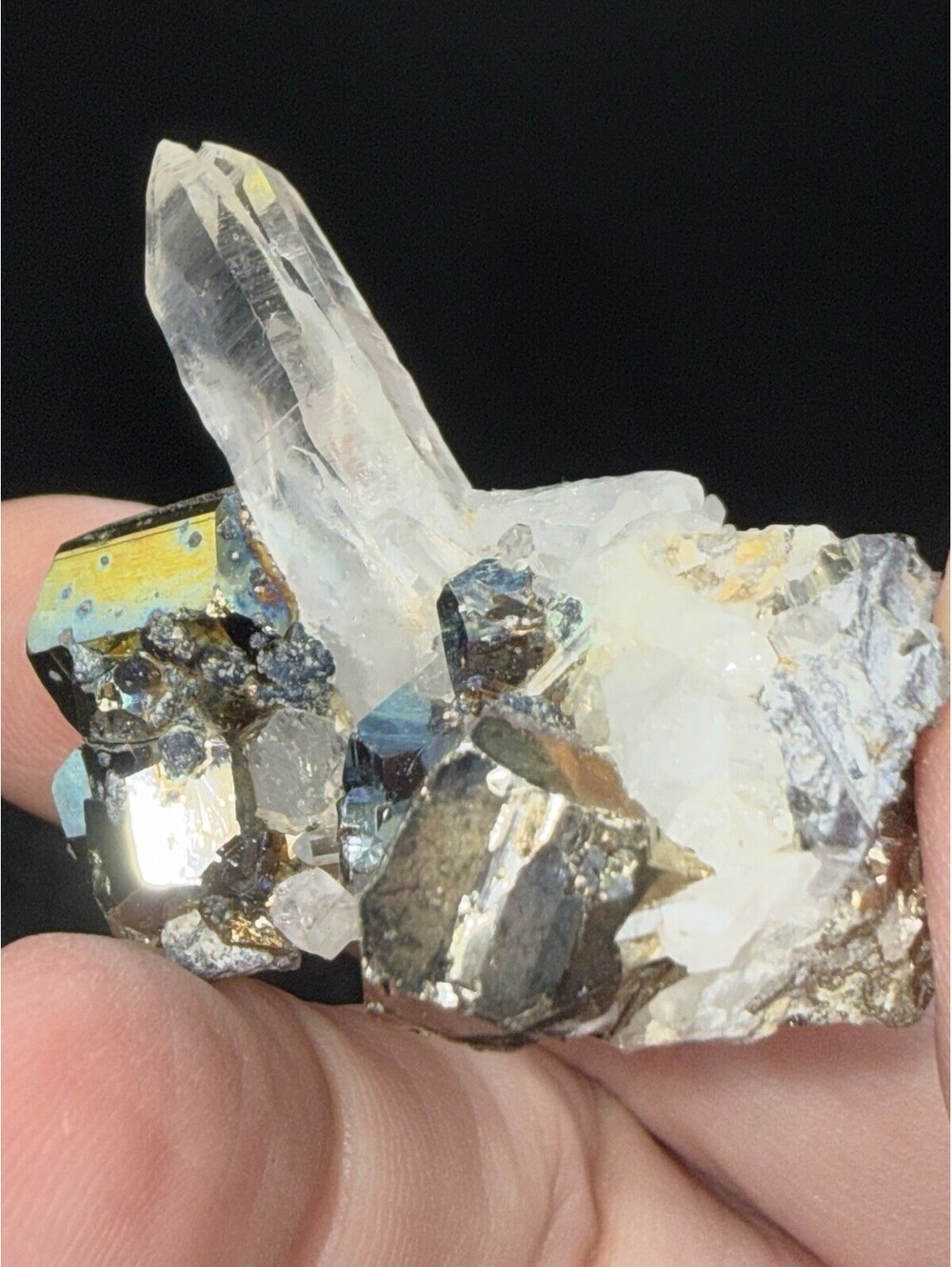 Naturally Iridescent Pyrite on Quartz Crystal Specimen Indonesia